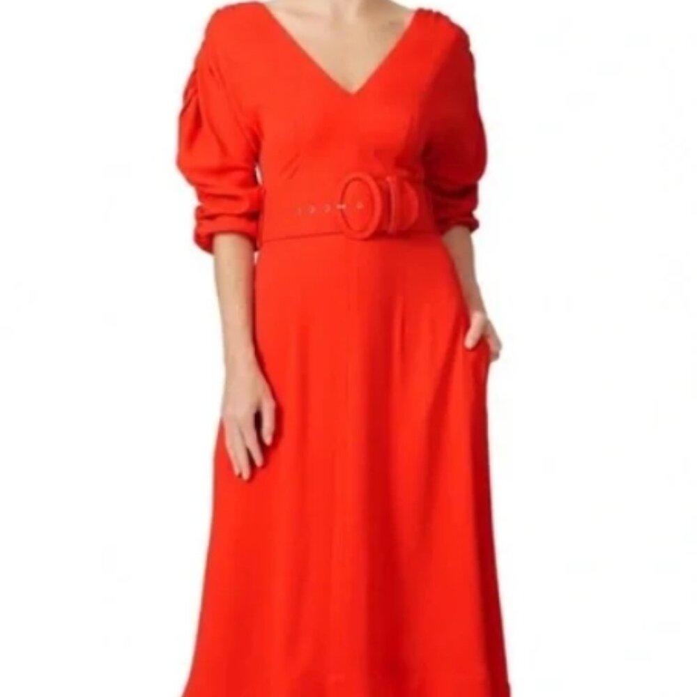 Nicholas Gathered Sleeve Midi Dress in Watermelon Red Size 0